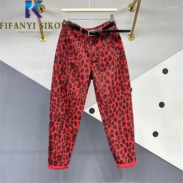 Jeans pour femmes Red Leopard Print Femmes 2024 Spring Casual Fashion Fashion Denim Pantal