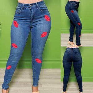 Jeans pour femmes Red Lip Print Fashion Show Mince Personnalité Tendance Pantalon Déchiré