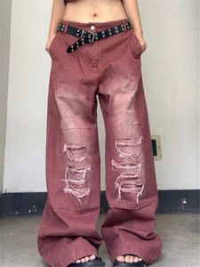 Jeans pour femmes rouge surdimensionné déchiré années 90 esthétique Y2k vintage Baggy Denim pantalon mode taille haute large pantalon de cowboy vêtements des années 2000
