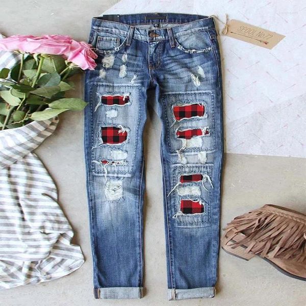 Jeans para mujer A cuadros rojos Mujeres Cintura baja Agujeros rasgados Ropa de calle Ropa Pantalones holgados Casual Denim Y2k Azul