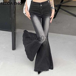 Damesjeans Reddachic 70s Classic Super WiraMed Black Jeans for Women Y2K Grunge High Rise Frayed Bootcut denim broek rekbare dame broek J230818