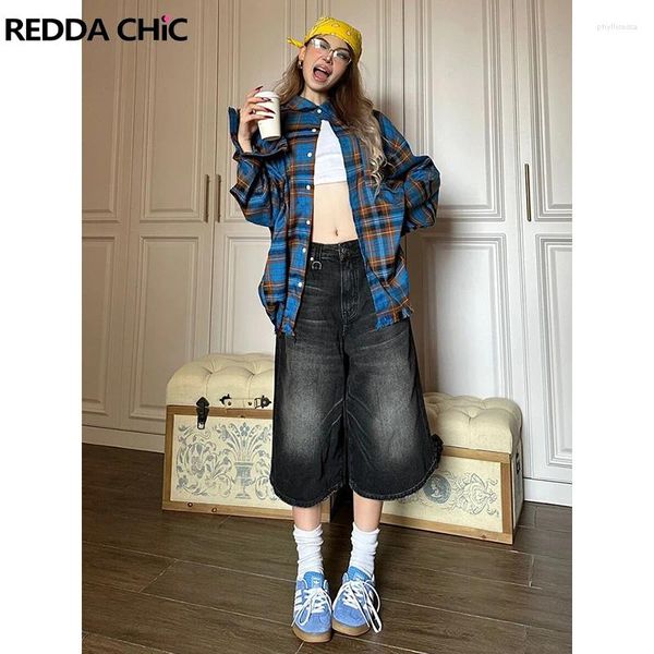 Jeans para mujer REDDACHiC 90s Rtro Baggy Jorts cintura baja pierna ancha recortada negro pantalones casuales pantalones cortos de mezclilla Harajuku Y2k Streetwear