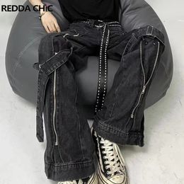 Damesjeans ReddaChic Acubi Fashion Broek Zwarte Dames Baggy Jeans met Ritssluiting 2-Strip Cyberpunk Y2k Grunge Goth Broek Emo Streetwear 231025