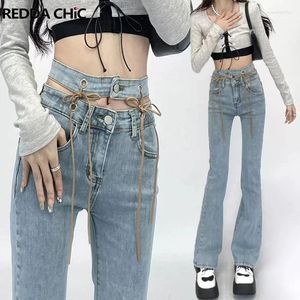 Jeans pour femmes Reddachic Acubi Femmes Flare Bandage Y2K Bleu Pantalon d'été Double taille haute Bootcut Pantalon coréen élégant vêtements féminins