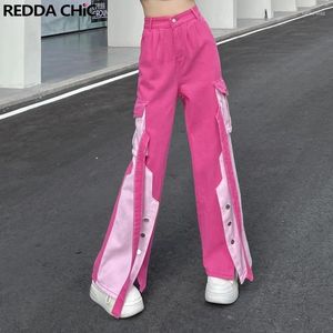 Jeans pour femmes Reddachic Barbiecore Pink Color Block Femmes Baggy Split Cargo Pantalon large jambe haute taille Pantalon Dopamine Y2K Streetwear