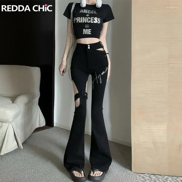 Jeans para mujer ReddaChic Black Women Cut-out Bootcut Pantalones Básicos Sólidos Sin cintura High Rise Flare Impresión gráfica Pantalones de mujer Streetwear