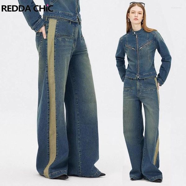 Jeans Femme ReddaChic Blue Splicing Femmes Baggy High Rise Casual Wide Leg Y2K Pantalon Pantalon Oversize 90s Élégant Streetwear Coréen