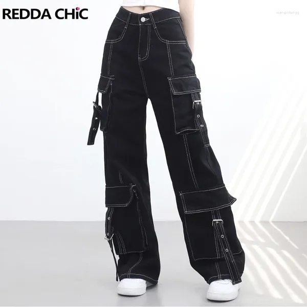 Jeans para mujer REDDACHiC Hebilla Cinturón Bolsillos de carga Baggy para mujeres Retro Negro Cintura alta Pantalones de trabajo de pierna ancha Sueltos Casual Y2k Streetwear