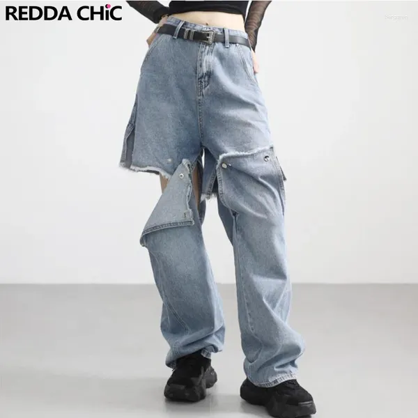 Jeans pour femmes ReddaChic Boutons détachables Deux-usures Femmes Baggy Droite High Rise Pantalon Coréen Élégant Jambe Large Vintage Y2K Pantalon