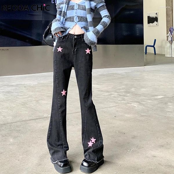 Jeans pour femmes Reddachic Harajuku Black Pink Star Y2K Femmes Flare Bootcut Pantalon Grunge Femme Pantalon Grayu Acubi Fashion Streetwear