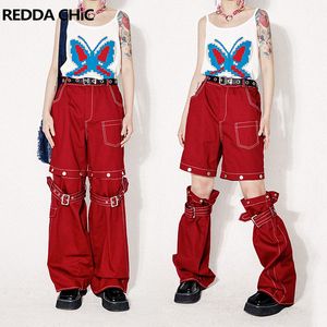 Jeans para mujer ReddaChic Hip-hop Pantalones cargo rojos para mujer 2 en 1 Jeans holgados desmontables Y2k Pantalones jorts de pierna ancha Pantalones retro skater de los años 90 230826
