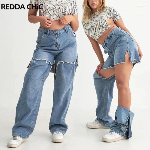 Jeans pour femmes Reddachic amovible boutonné baggy for women 2 porte creux pantalon de jambe large en jean