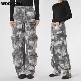 Jeans pour femmes Reddachic rétro camouflage gris cargo femmes grandes poches hiphop pantalon surdimension