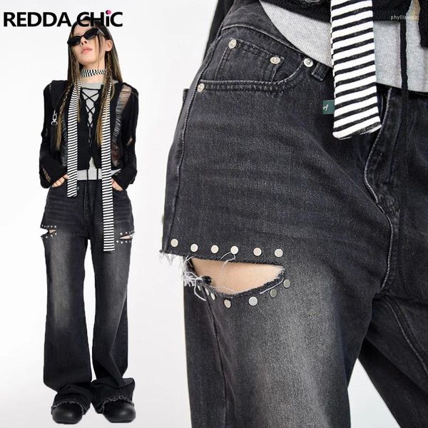 Jeans Femme ReddaChic Pantalon Bootcut Clouté Découpé Dark Punk Black Wash Grunge Y2k Rétro High Rise Flare Bell Bottoms Pantalon Femme