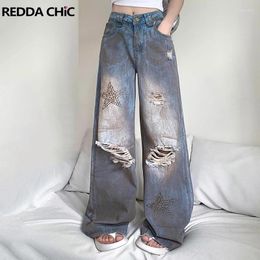 Jeans féminins Reddachic étoile étoile Y2K Femmes Blue Rise Blue Dirty Wash Disted Ripped Hole Pantalon de jambe HARAJUKU