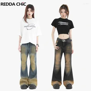 Jeans pour femmes Reddachic Vintage Wash Gradient Flare Femmes Ligne Patchwork Whiskers Bootcut Denim Pantal
