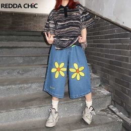 Damesjeans Reddachic Vintage Y2K Print Flower Women Baggy Jorts Casual Wide Leg Denim Pants Oversized Daisy Crashed Jeans Korean Streetwear 240423