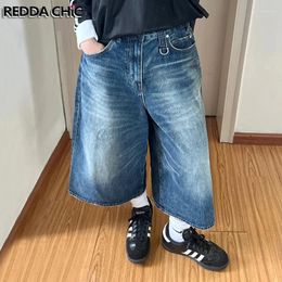 Jeans para mujeres Reddacic Women Bigotes de vinta con la cintura pantalones cortos de mezclilla Vintage Vintage Azul Pantalones de gran tamaño de pierna de ancho de ancho