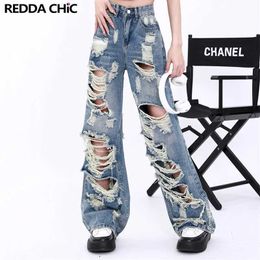 Jeans féminins redreachic grande taille larme beoyfriends jeans dommages à la déchirure Détroitement y2k pantalon large skateboard skateboard jeans street hip hop pantalon j240217