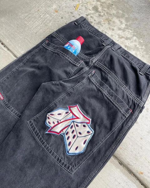 Jeans para mujeres Retro Retro Jnco Holla holgada Y2K Hip Hop Número 7 Dice Graphic Borded Borded Mens Womens Blinds Altos pantalones anchos