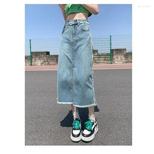Jeans pour femmes rétro bleu a-ligne fendue denim demi-jupe haute rue taille d'été mince jupe portefeuille mi-longue