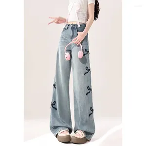 Jeans pour femmes rétro bleu femmes hautes taille américaine pantalon à jambes larges des années 90 conception de pantalon à nœud en jean sort