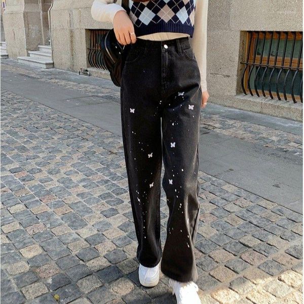 Jeans pour femmes rétro papillon broderie femme adolescentes 2023 printemps Style coréen Ins mode taille haute ample polyvalent pantalon marée