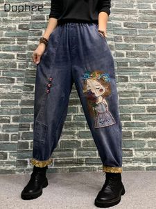 Jeans pour femmes Retro Cartoon Girlpatch Broidered Denim-Longle Longle Pantal