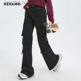 Jeans pour femmes rétro décontractée haute taille de couleur solide conception de marchandises pour femmes pantalons de rue Sac de jambes larges y2k pantalon C240411