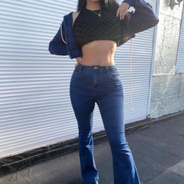 Jeans féminins rétro bleu foncé foncé haut-élastique lavé éclaté sac à large couture large couture en denim pantalon décontracté