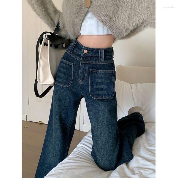 Jeans pour femmes rétro bleu profond taille haute jambe large pour 2023 mode d'été tube droit lâche mince balayage pantalon de sol