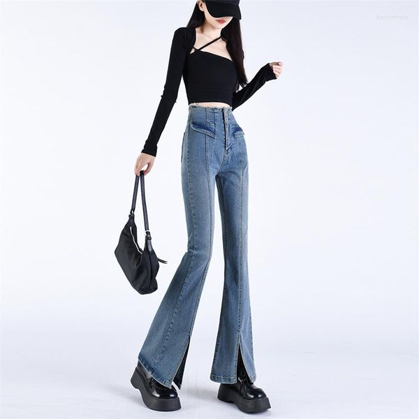 Jeans Femme Design Rétro Sense Spice Girl Légèrement Ragged Split Pantalon Femme Stretch Serré Polyvalent Tendance