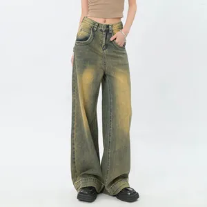 Jeans féminins rétro en détresse jaune boue large jambe large haute taille