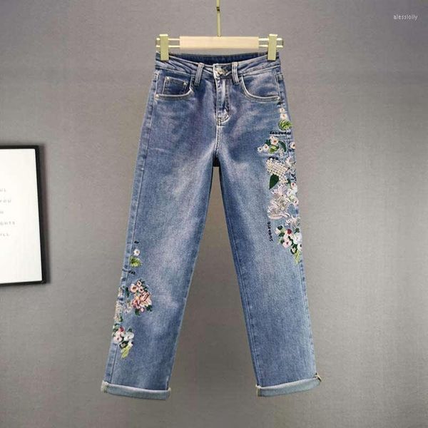 Jeans pour femmes rétro brodé droite femmes Denim pantalon printemps coton Stretch taille haute lâche décontracté dames C8119