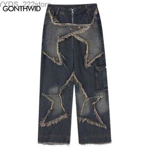 Damesjeans retro goederen jeans y2k hiphop retro borduurwerkster patch tas denim broek straat kleding heren harajuku rechte losse jeans blauw yq240423