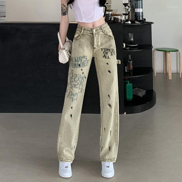 Jeans femme rétro Graffiti Alphabet broderie femme taille haute bouton Zip ample lavé rue Hip Hop pantalon droit tendance