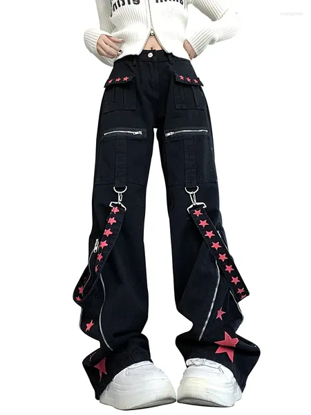 Vaqueros de Mujer Retro Industria Pesada Gótico Contraste Oscuro Color Streamer Decoración de Metal Patchwork Estrellas Y2K Pantalones de Mezclilla Sueltos Casuales