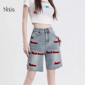 Damesjeans Retro Brief Geborduurde Denim Shorts Zomer Hoge Taille Losse Rechte Halve Broek Mode Streetwear Vrouwelijk