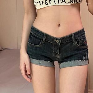 Damesjeans Retro Low Rise denim shorts voor zomer gekrulde rand elastische strakke passende en afslankbroek pittige meisjes