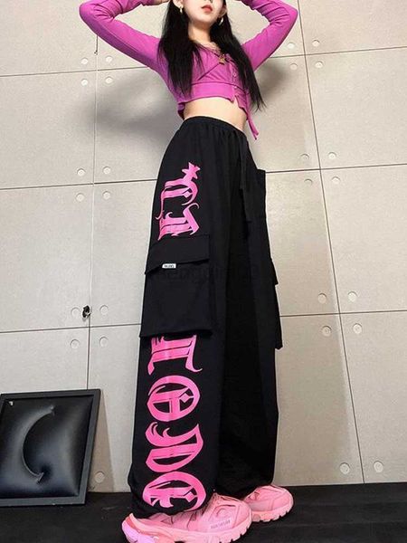 Pantalones vaqueros de mujer Retro Multi-Bolsillo Negro Rosa Rosa Impreso Monos Pantalones Personalidad Femenina Calle Hip-Hop Sueltos Baile Casual Pantalones Deportivos Y23