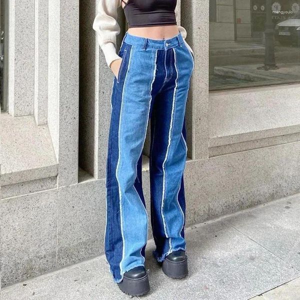 Vaqueros De Mujer Retro Patchwork Casual Flecos Rectos Monos Mamá Y2K Pantalones Streetwear Azul 90S Novio