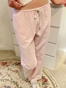 Damesjeans Retro roze gestreepte sportbroek met trekkoord voor dames herfst hoge taille linnen casual wijde pijpen broek J240306