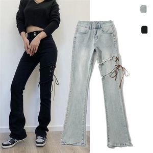 Damesjeans Retro Side Air Hole hoge taille met bandjes Slim Fit Bootcut broek