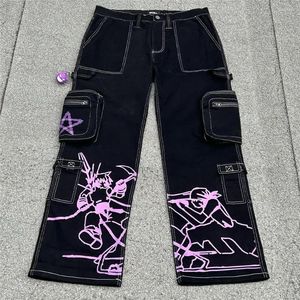 Jeans pour femmes rétro rue plusieurs poches mode coréenne pantalons cargo femmes hommes hip hop dessin animé imprimé taille haute