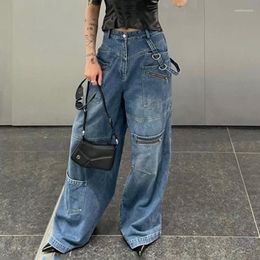 Jeans da donna Retro Street Tasca con cerniera Tasca a vita alta Donna americana dritta Pantaloni larghi larghi a gamba larga Cargo Donna Streetwear