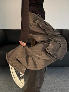 Brande rétro pour femmes Retro Brands en détresse multi-poches lavées Femmes travaillent de grande taille pantalon décontracté américain