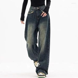 Jean femme rétro tendance rue ample jambe large pantalon mode taille haute droit décontracté lavable vadrouille Denim pantalon