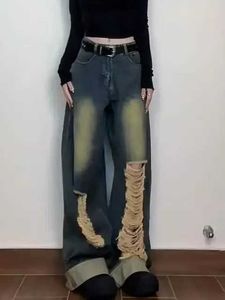 Jeans pour femmes Jean déchiré lavé rétro adapté aux femmes américaines haute rue jambes droites pantalon large ample pantalon hip-hop style Harajuku J240217