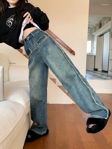 Jeans femme rétro femmes Baggy taille haute brossé pantalon large jambe délavé Denim pantalon femmes décontracté Vintage
