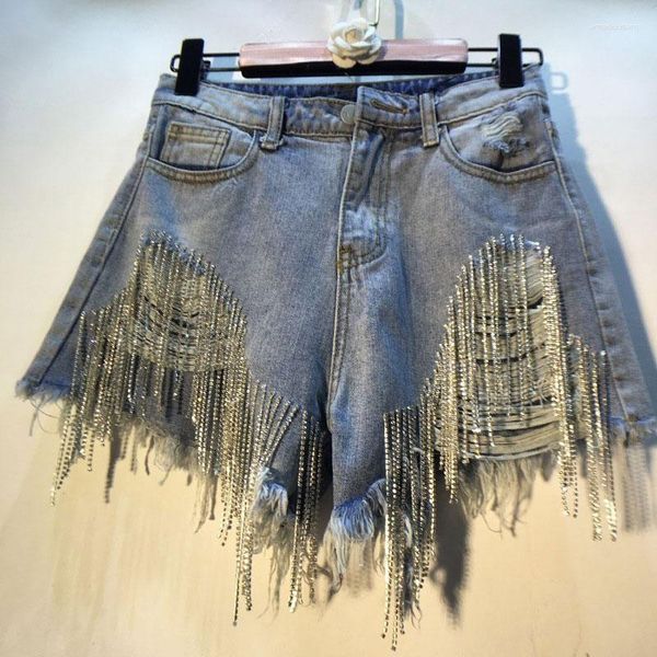 Jeans de mujer Rhine-Drill Fringe Cadena Slim Mid-Pierna Jean Shorts Estación Europea Verano Ripped High Cintura